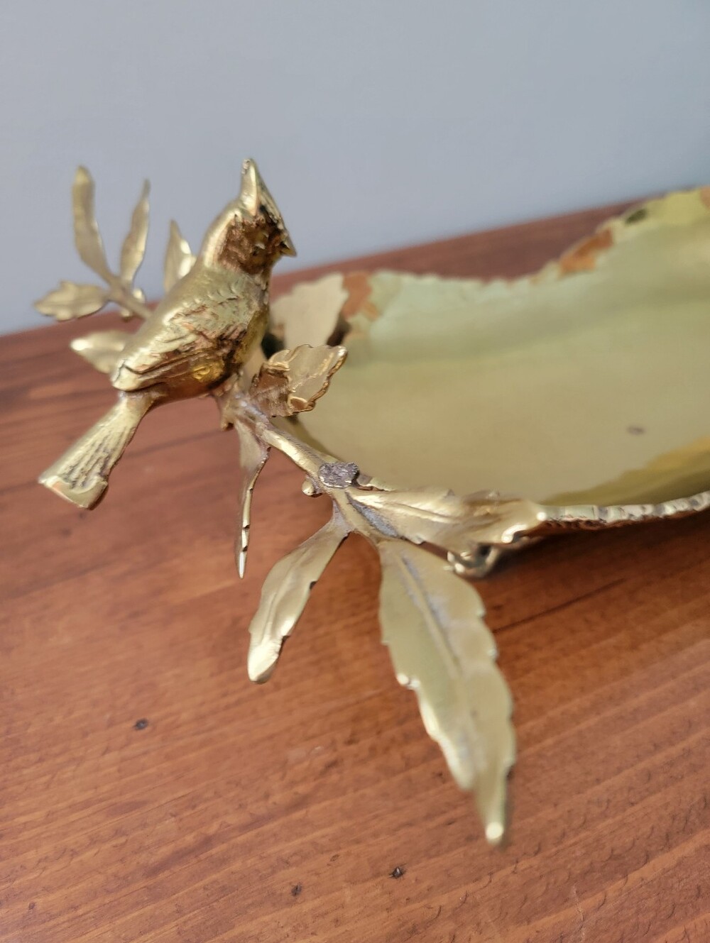 Gold-Tone Metal Catchall Trinket Bowl Tray Bird Perched On Branch Centerpiece - Picture 7 of 16